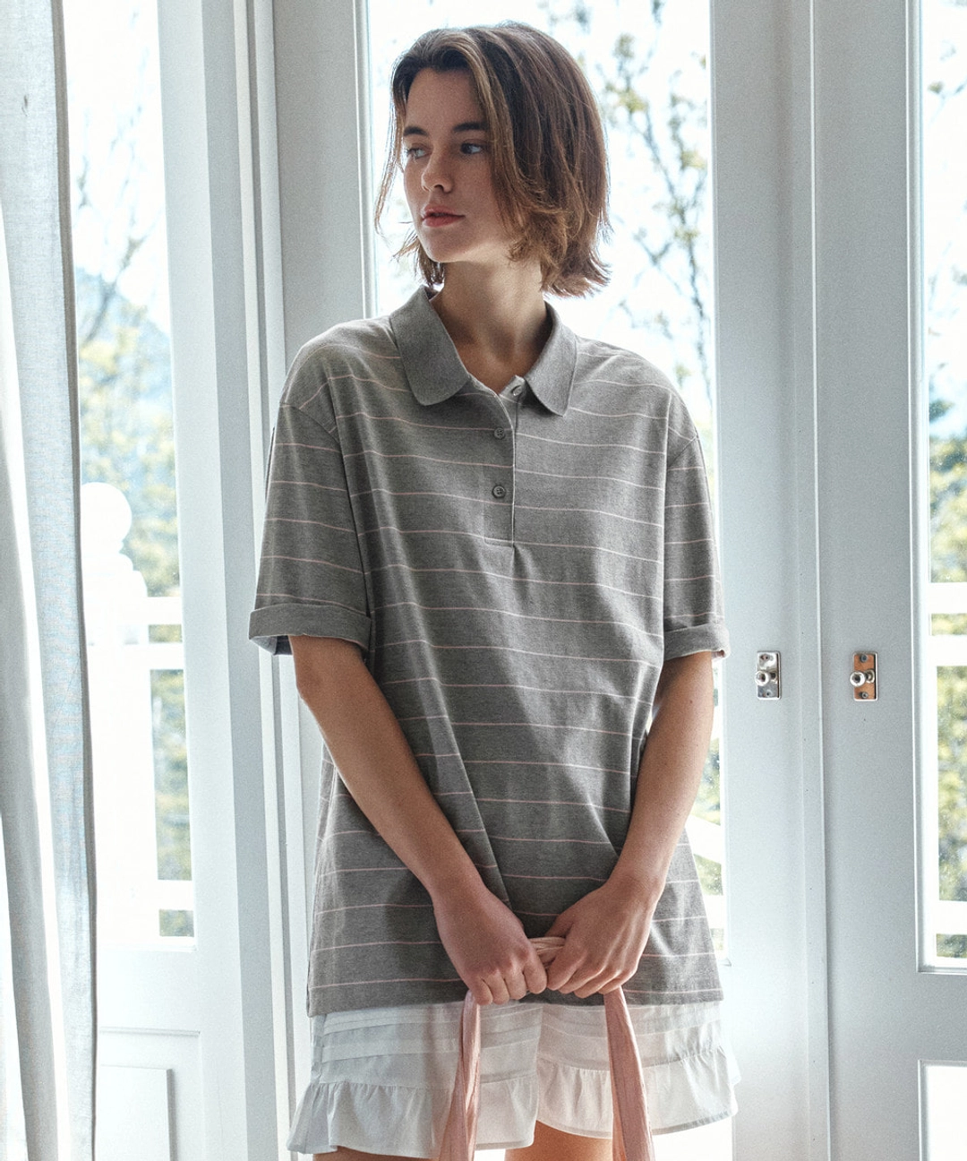 반원 아뜰리에 A3599 루즈핏 스트라이프 칼라 티셔츠_Light gray 상품 이미지 2