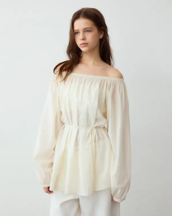 Two way off shoulder shirring blouse - cream