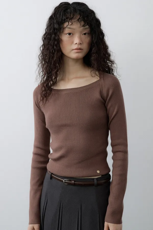 Wool Boatneck Bolero Knit Top (Brown)