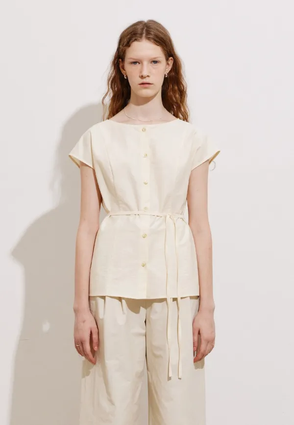 BOAT NECK CAP-SLEEVE BLOUSE - CREAM