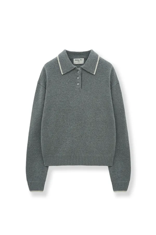 BACK LOGO COLLAR KNIT TOP FOR WOMEN IN GREY