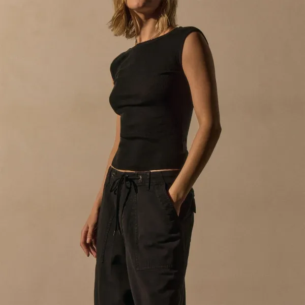 Cotton Cashmere Blend Boatneck Top - Black