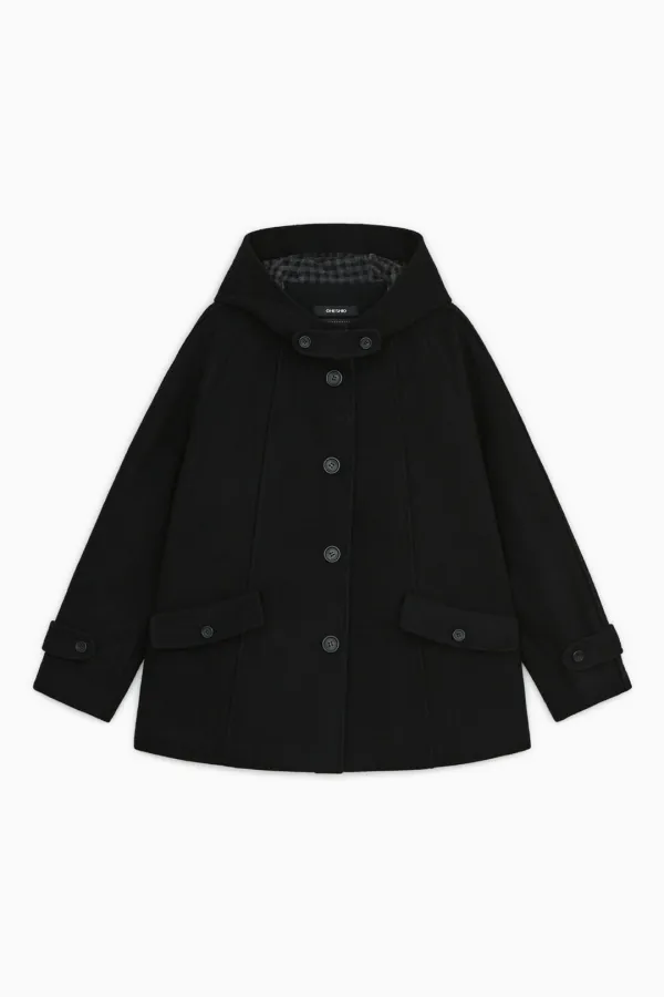 CHECK LINING HOODED HALF COAT, BLACK - OHESHIO