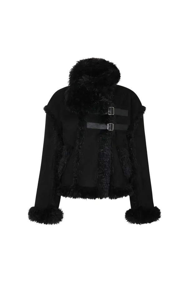 LUNA BELTED SHEARLING JACKET black
