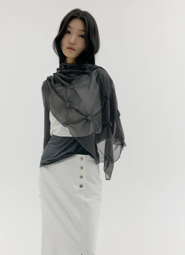 MESH DOT SHIRRED SCARF, CHARCOAL