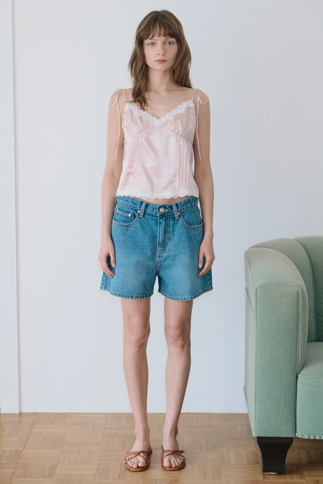 시눈 Satin Lace Sleeveless Blouse (Pink) 상품 이미지 2
