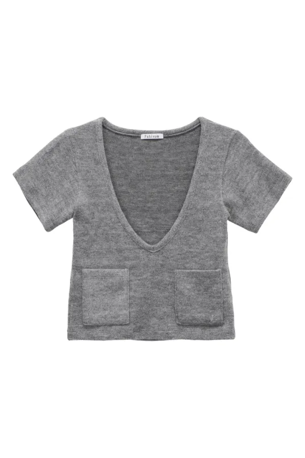 V-Neck Pocket Layered Top_Grey