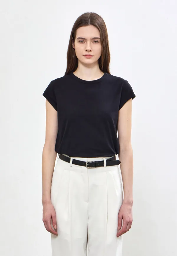 SILKET COTTON CAP-SLEEVE T-SHIRTS - BLACK