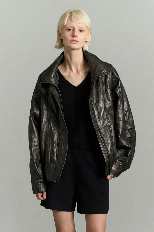 LAYERED COLLAR FAUX LEATHER JACKET