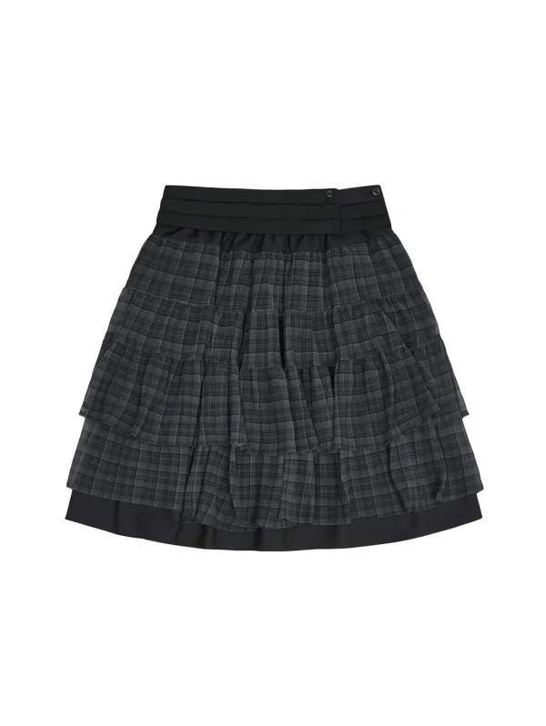 SHEER CHECK LAYERED SKIRT [BLACK]