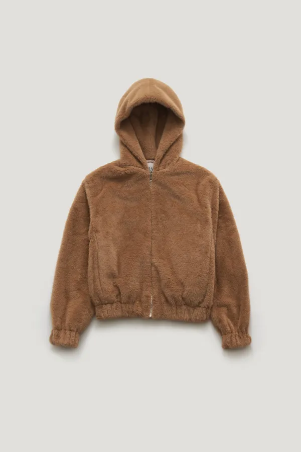 RIVET HOODED ZIP-UP FUR JACKET_CAMEL BROWN / ₩229,000