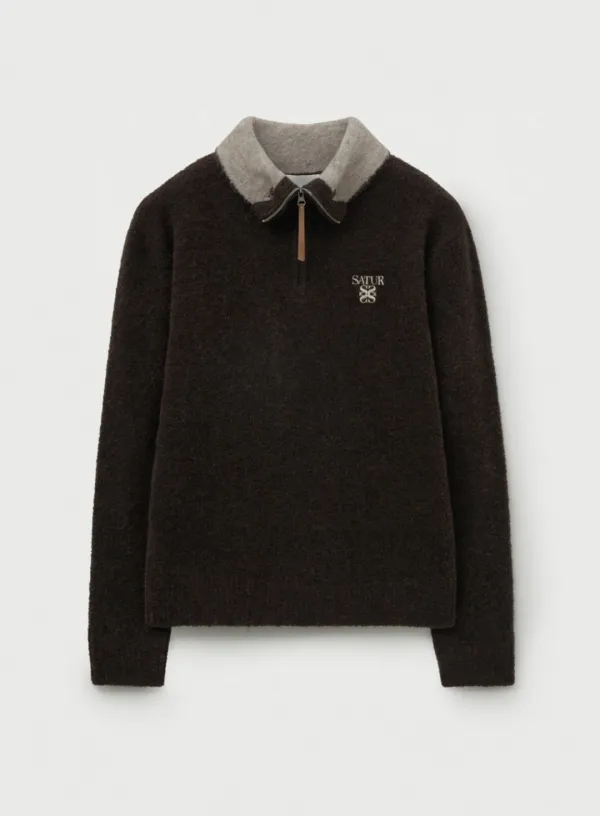 Fleece Half Neck Knit Zip-up - Dark Brown