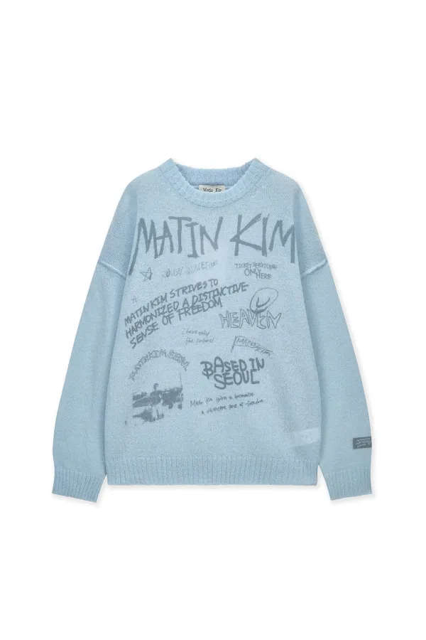 GRAFFITI ARTWORK KNIT PULLOVER IN LIGHT BLUE