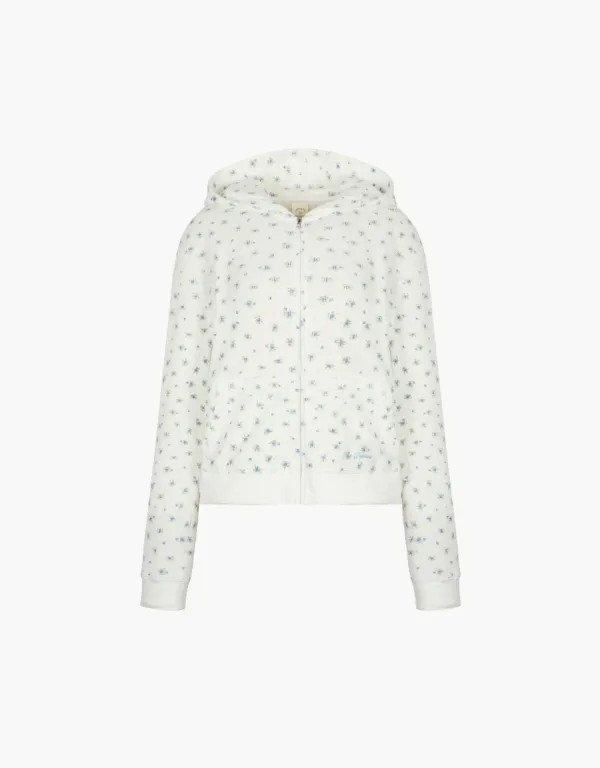 flower pattern hood zip up - ivory