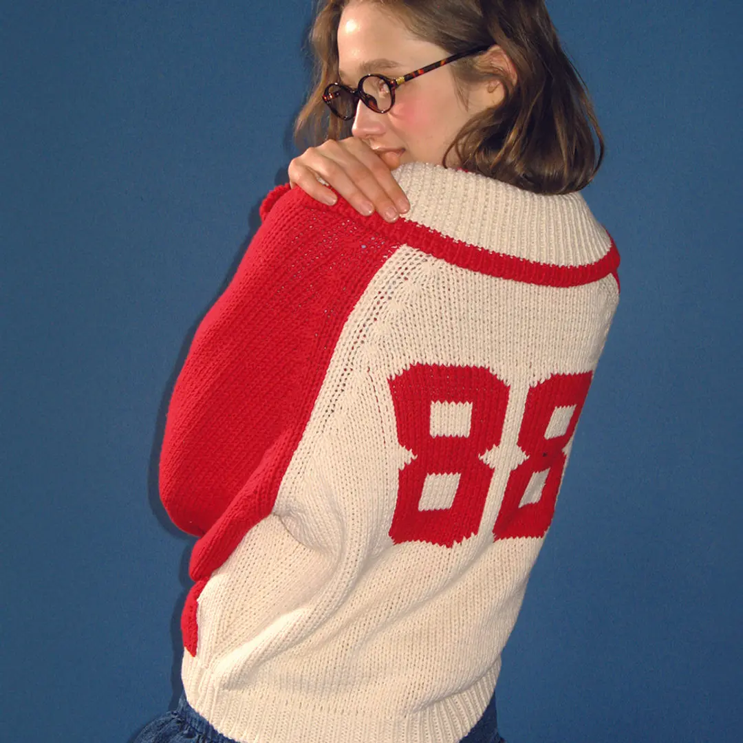 론론 88 BLOCKING COWICHAN KNIT ZIP UP CREAM RED 상품 이미지 2