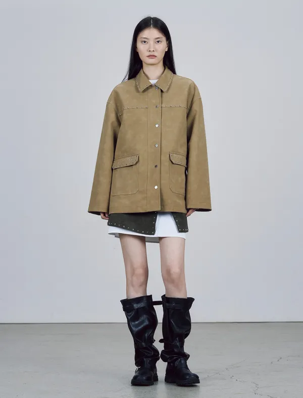 STUDDED SUEDE JACKET [BEIGE]