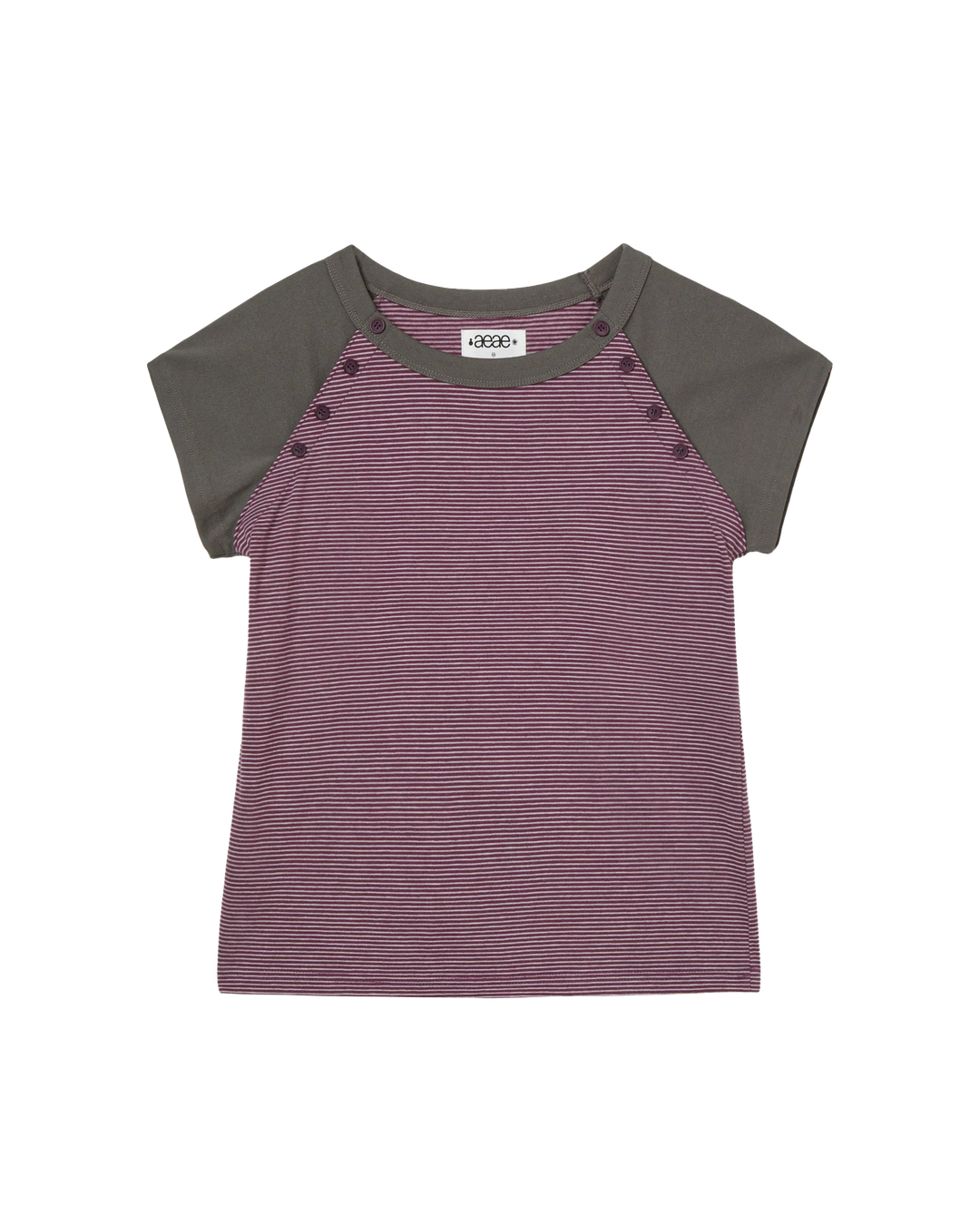 에이이에이이 [6/12 예약발송] STRIPE BUTTON RAGLAN TEE [PURPLE] 상품 이미지 1