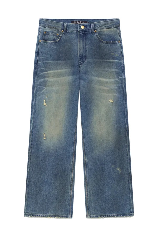 EMBO WASHED DENIM PANTS FOR MEN IN BLUE