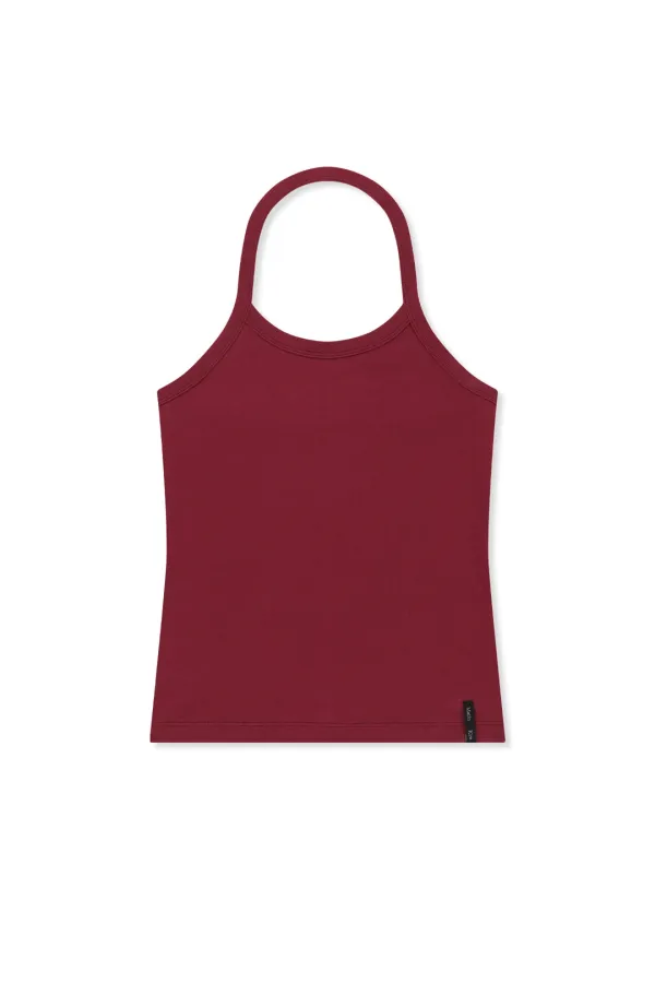 LABEL DETAIL HALTER TANK TOP IN WINE