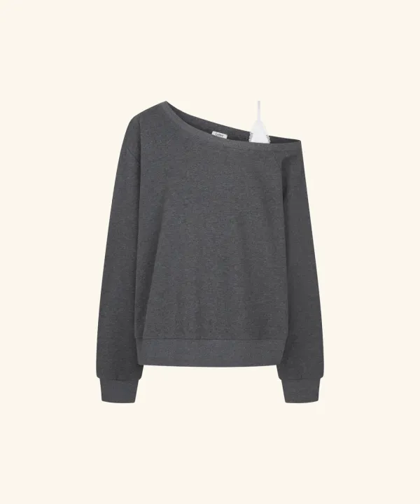 Duet Lace Layered One-Shoulder Sweatshirt (Charcoal)