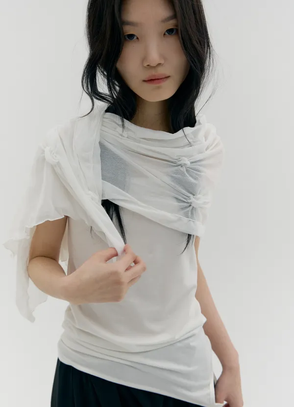 MESH DOT SHIRRED SCARF, WHITE