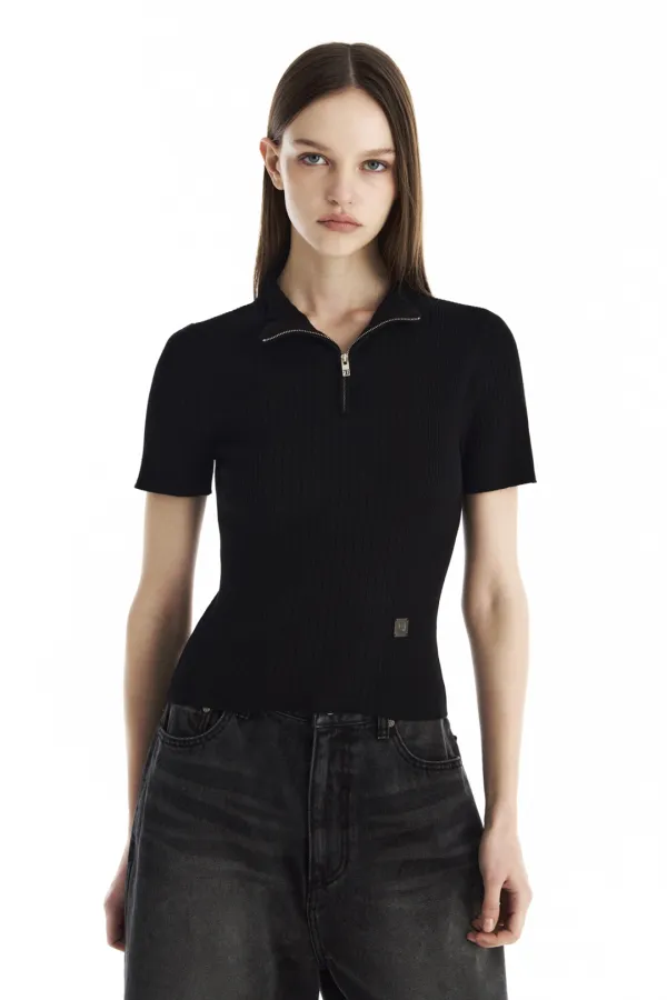 Ribbed Half-Zip Knit Top [ Black ]