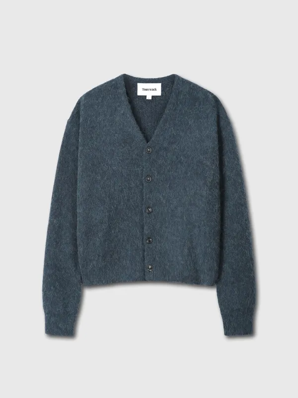 BRUSHED MOHAIR V-NECK CARDIGAN_ DARK TURQUOISE