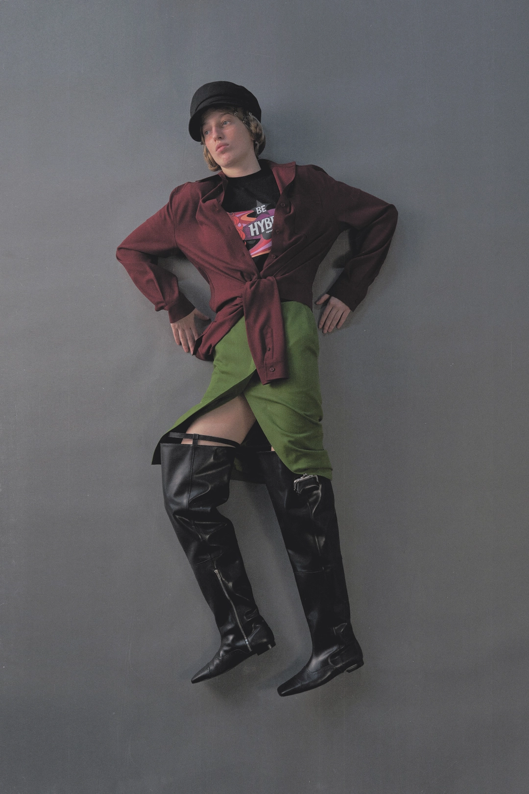 푸쉬버튼 PF26 GREEN DIAGONAL SLIT MIDI SKIRT 상품 이미지 1