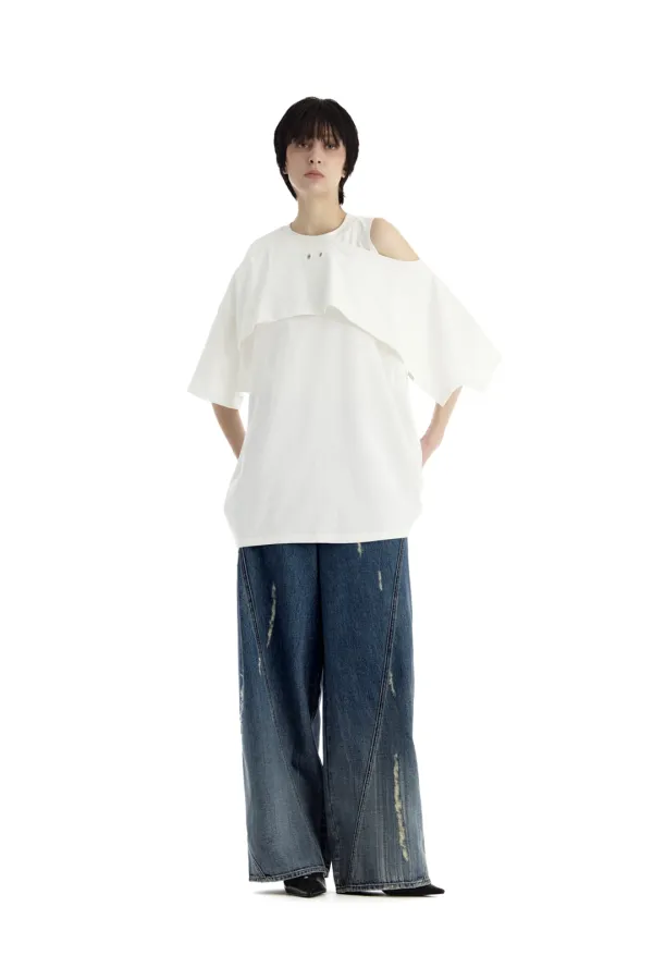 One-Sleeve Overlay Oversized T-Shirt [ White ]