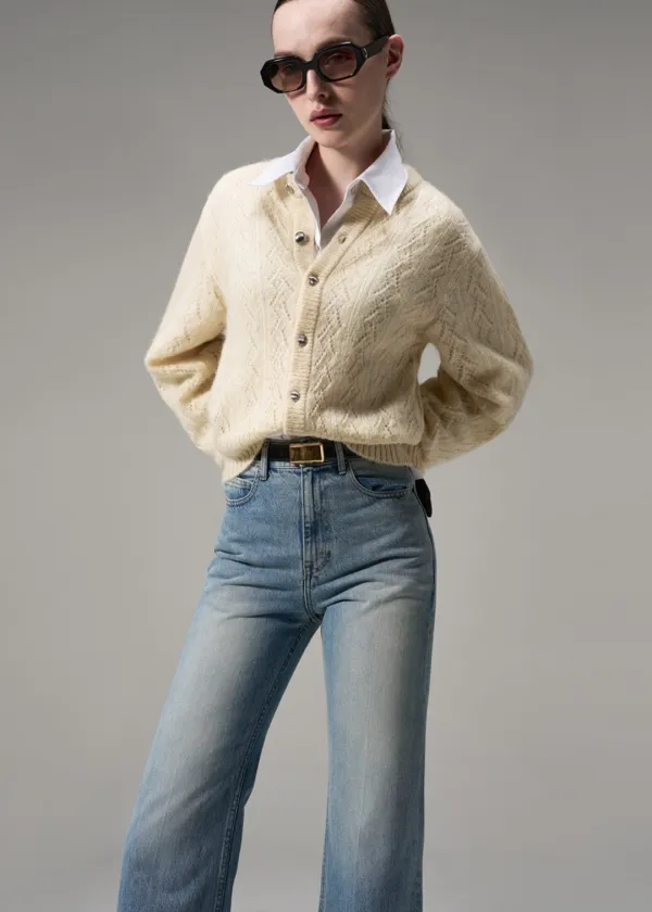 MOHAIR-BLEND CABLE KNIT CARDIGAN - CREAM