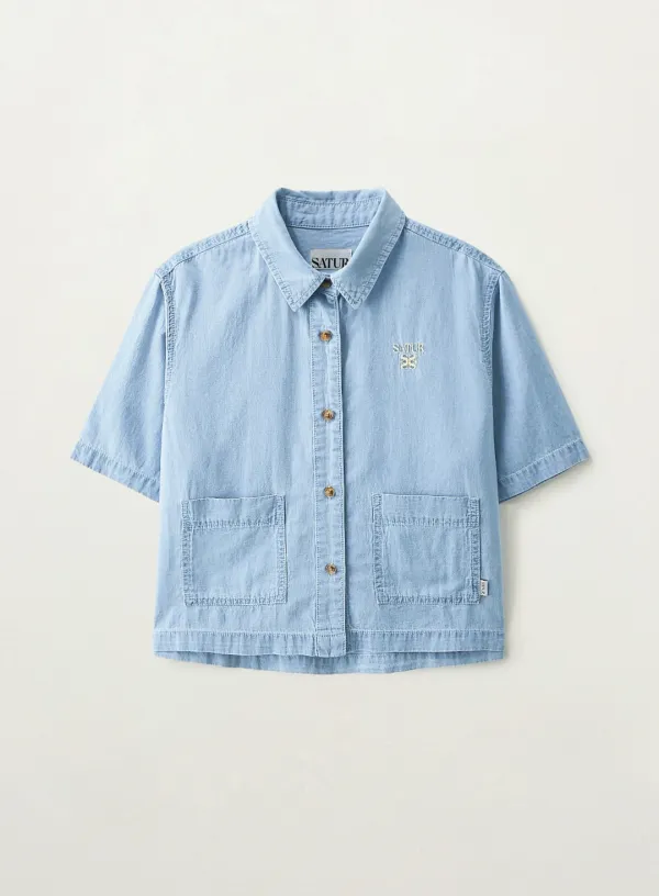 (W) Light Weight Denim Pocket Half Shirt - Light Blue