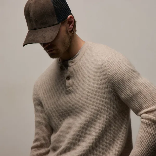 Soft Featherweight Cashmere Waffle Henley - Light Beige