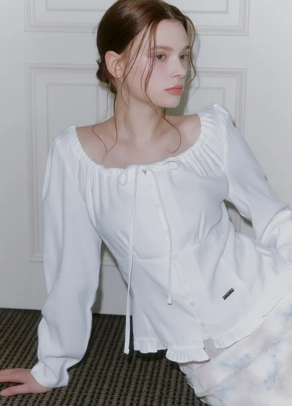 [44-120]  Melo Frill Blouse-long.ver  멜로 프릴 블라우스-long.ver (가을-봄-데이트룩-데일리룩-출근룩-하객룩-출근룩-러블리-긴팔블라우스-슬림핏-스트링넥-체크패턴-프릴-여리블라우스-자체제작) - MICANE