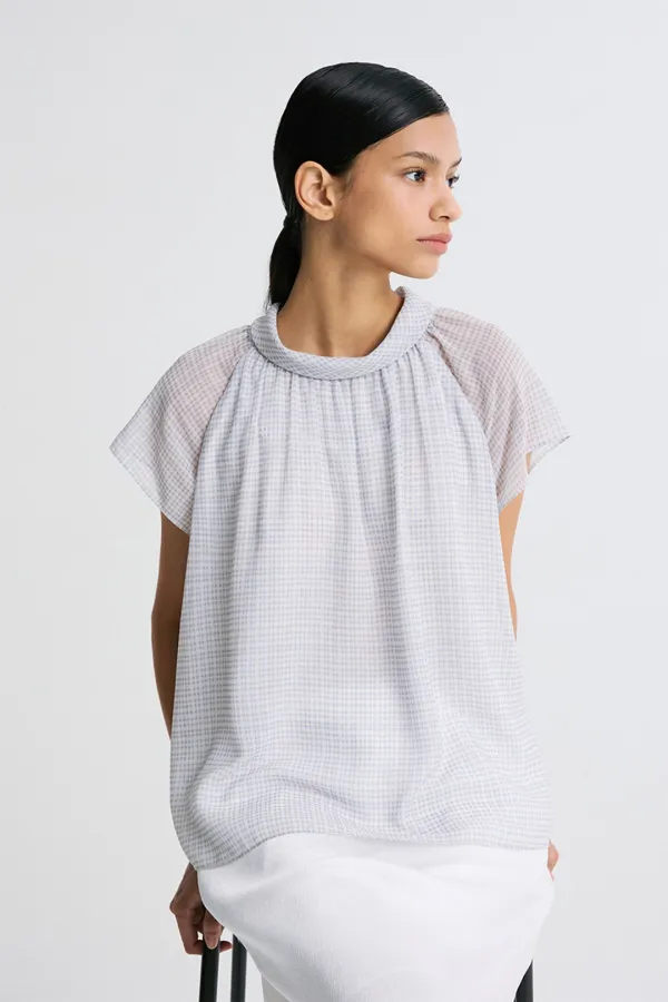 CHECKED CHIFFON TIE-NECK BLOUSE