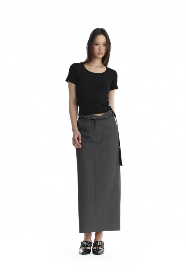 Split Waist Overlap Maxi Skirt [ Charcoal ]