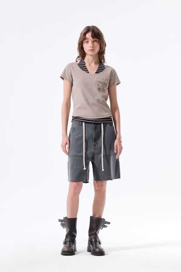 HERINGBONE RAW CUT DENIM SHORTS IN GREY
