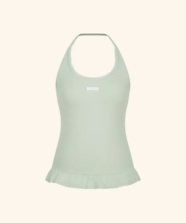 Letters Frill Label Halter Neck Top ( Mint )