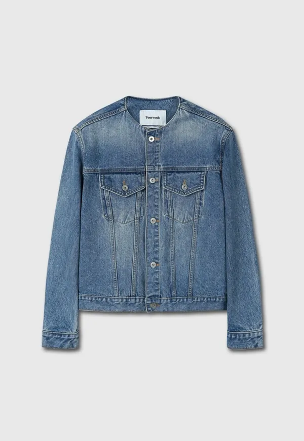 Denim Collarless Trucker Jacket_ Washed Blue