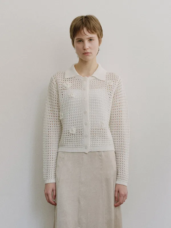 TIS FLORAL NETTING KNIT CARDIGAN_WHITE