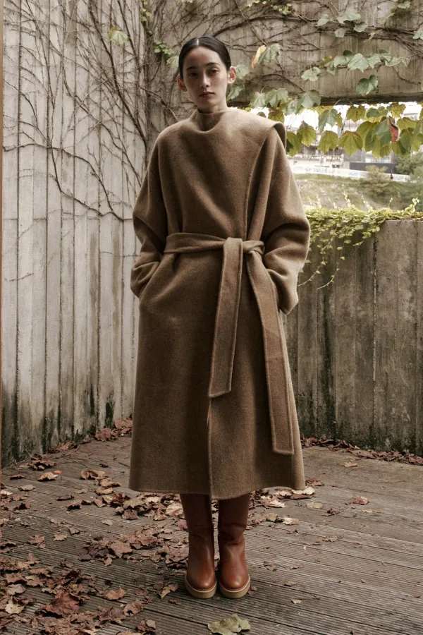 DRAPED SHAWL CASHMERE HANDMADE LONG COAT_CAMEL