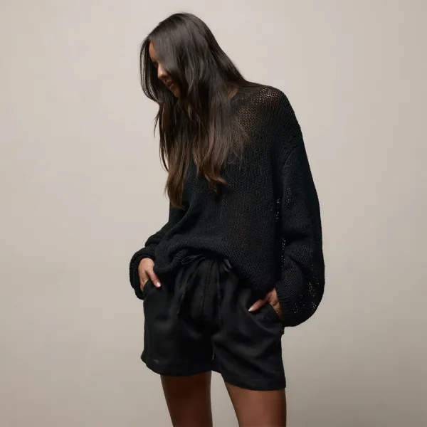 Oversized Cotton Linen Beach Sweater - Black