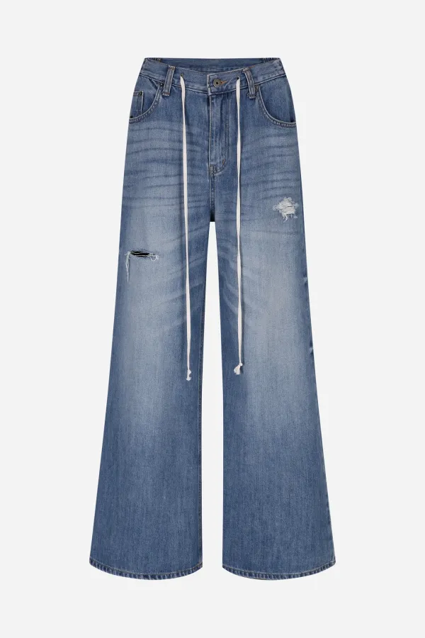 cross string banding wide jeans