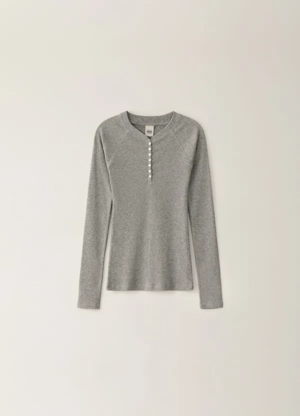 [Limited] Raglan Ribbed Button T-shirt - Gray
