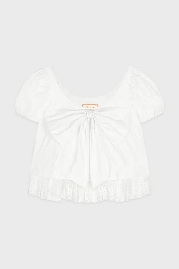 Big Bow Lace Frill Cropped Blouse (White)