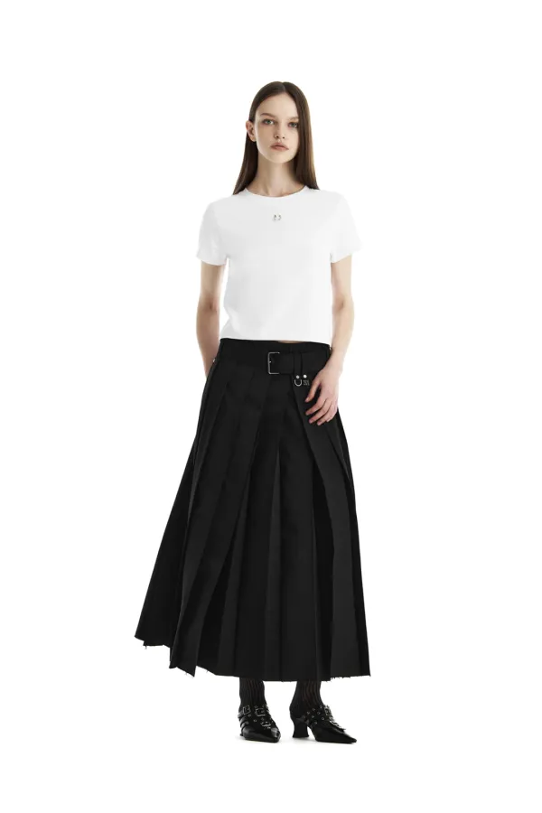 Belted Deep Pleat Skirt [ Black ]