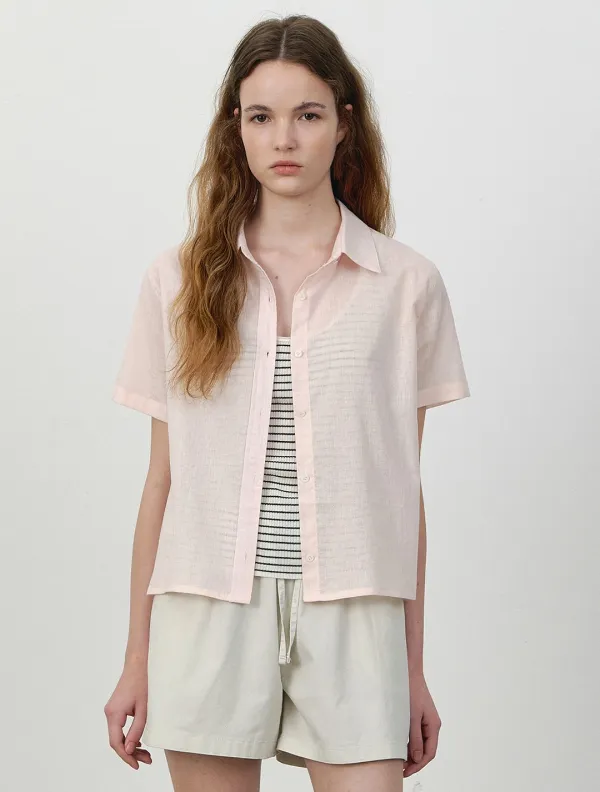 Natural linen half sleeve shirt_Pink
