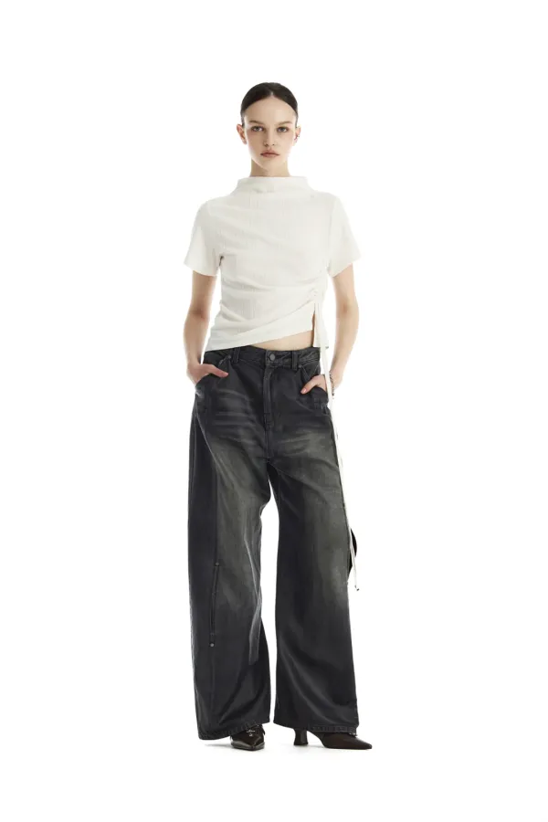 Rivet Slit Coated Denim Pants [ Dark Navy ]