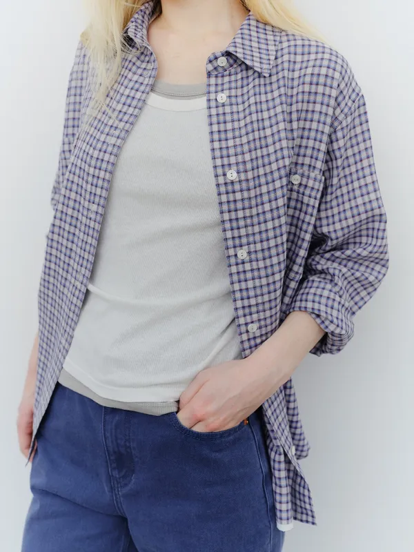 washed cotton check shirt [Italian fabric] (blue check)