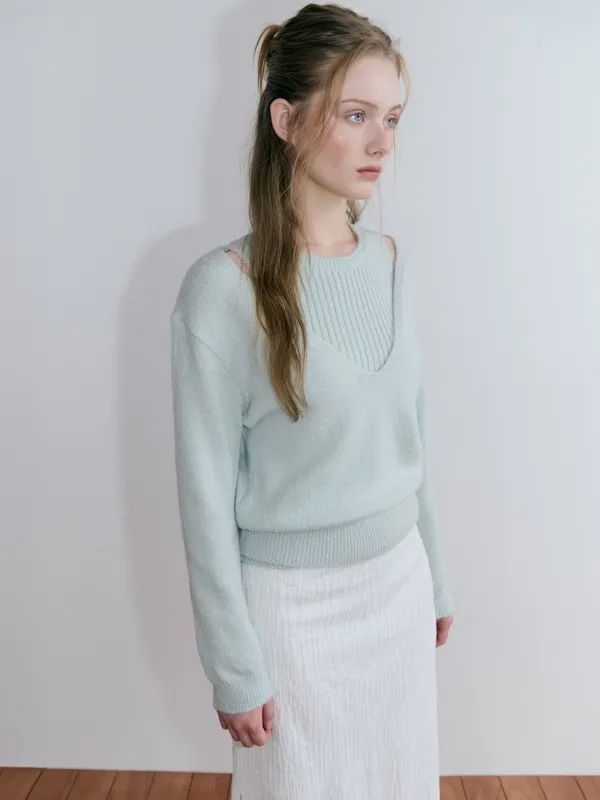Deep V-Neck Knit Set, Mint