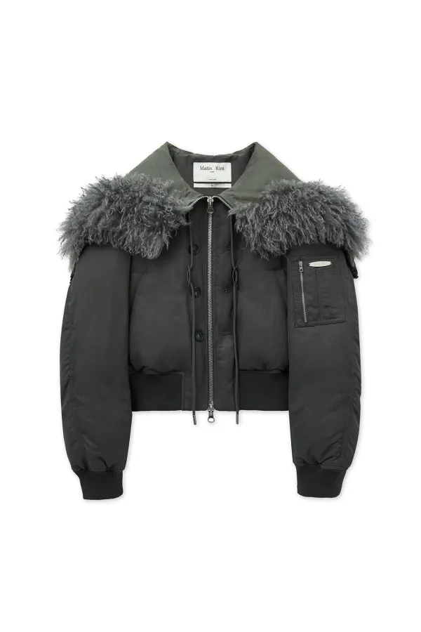 FUR HOODY BOMBER DOWN JUMPER IN DARK GREY